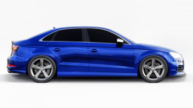 Süper hızlı spor araba beyaz arka planda mavi metalik renkte. Vücut biçimli sedan. Akort sıradan bir aile arabasının bir versiyonu. 3d oluşturma