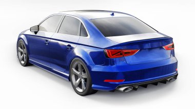 Süper hızlı spor araba beyaz arka planda mavi metalik renkte. Vücut biçimli sedan. Akort sıradan bir aile arabasının bir versiyonu. 3d oluşturma