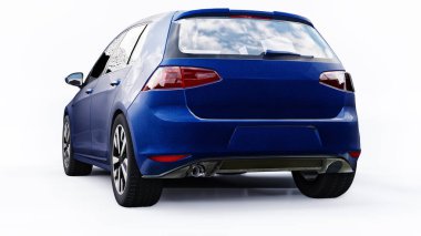 Beyaz arka planda mavi küçük aile arabası hatchback 'i. 3d oluşturma