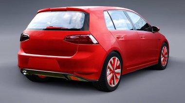 Gri arka planda kırmızı küçük aile arabası hatchback. 3d oluşturma