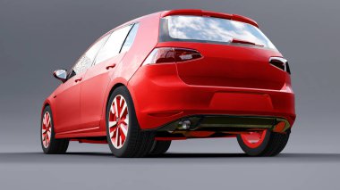 Gri arka planda kırmızı küçük aile arabası hatchback. 3d oluşturma
