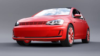Gri arka planda kırmızı küçük aile arabası hatchback. 3d oluşturma