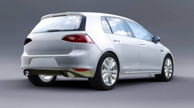 Gri arka planda beyaz aile arabası hatchback 'i. 3d oluşturma.