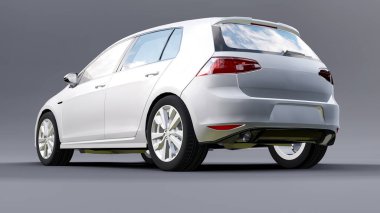 Gri arka planda beyaz aile arabası hatchback 'i. 3d oluşturma.