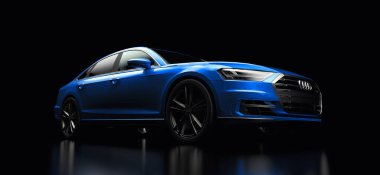 Tula, Rusya. 25 Şubat 2021: Audi A8 Quattro 2020 lüks araba siyah arka planda izole edildi. 3d oluşturma