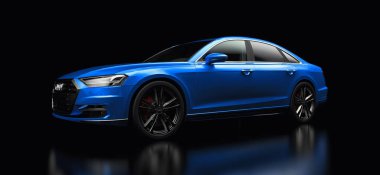 Tula, Rusya. 25 Şubat 2021: Audi A8 Quattro 2020 lüks araba siyah arka planda izole edildi. 3d oluşturma