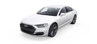 Tula, Rusya. 24 Şubat 2021: Audi A8 Quattro 2020 lüks araba beyaz arka planda izole edildi. 3d oluşturma