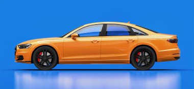 Tula, Rusya. 26 Şubat 2021: Audi A8 Quattro 2020 lüks lüks araba mavi arka planda izole edildi. 3d oluşturma