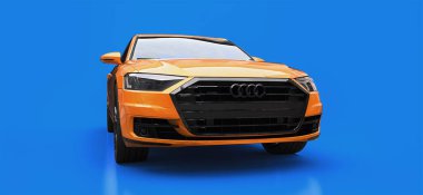 Tula, Rusya. 26 Şubat 2021: Audi A8 Quattro 2020 lüks lüks araba mavi arka planda izole edildi. 3d oluşturma