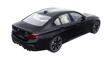 Tula, Rusya. 26 Şubat 2021: BMW M5 siyah lüks spor araba beyaz arka planda izole edildi. 3d oluşturma
