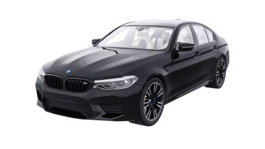 Tula, Rusya. 26 Şubat 2021: BMW M5 siyah lüks spor araba beyaz arka planda izole edildi. 3d oluşturma