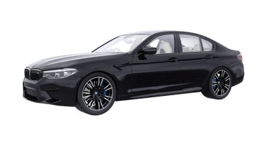 Tula, Rusya. 26 Şubat 2021: BMW M5 siyah lüks spor araba beyaz arka planda izole edildi. 3d oluşturma