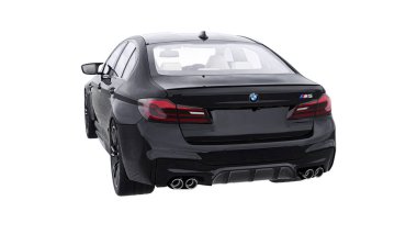 Tula, Rusya. 26 Şubat 2021: BMW M5 siyah lüks spor araba beyaz arka planda izole edildi. 3d oluşturma