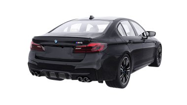 Tula, Rusya. 26 Şubat 2021: BMW M5 siyah lüks spor araba beyaz arka planda izole edildi. 3d oluşturma