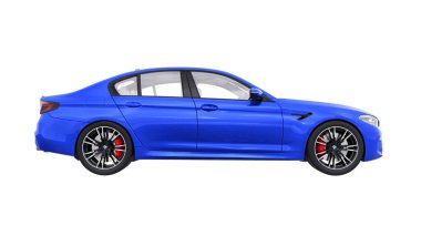 Tula, Rusya. 26 Şubat 2021: BMW M5 mavi lüks spor araba beyaz arka planda izole edildi. 3d oluşturma