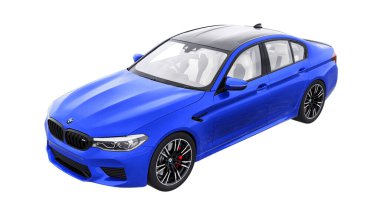 Tula, Rusya. 26 Şubat 2021: BMW M5 mavi lüks spor araba beyaz arka planda izole edildi. 3d oluşturma