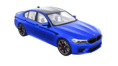 Tula, Rusya. 26 Şubat 2021: BMW M5 mavi lüks spor araba beyaz arka planda izole edildi. 3d oluşturma