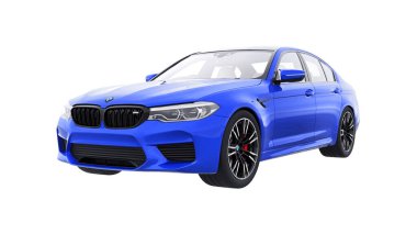 Tula, Rusya. 26 Şubat 2021: BMW M5 mavi lüks spor araba beyaz arka planda izole edildi. 3d oluşturma