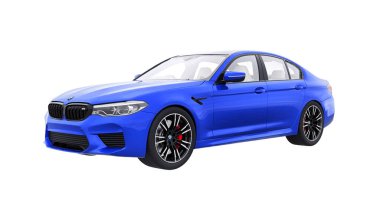 Tula, Rusya. 26 Şubat 2021: BMW M5 mavi lüks spor araba beyaz arka planda izole edildi. 3d oluşturma