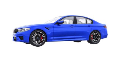 Tula, Rusya. 26 Şubat 2021: BMW M5 mavi lüks spor araba beyaz arka planda izole edildi. 3d oluşturma