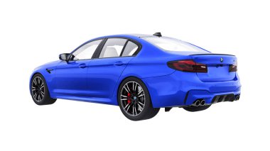 Tula, Rusya. 26 Şubat 2021: BMW M5 mavi lüks spor araba beyaz arka planda izole edildi. 3d oluşturma