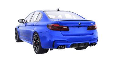 Tula, Rusya. 26 Şubat 2021: BMW M5 mavi lüks spor araba beyaz arka planda izole edildi. 3d oluşturma