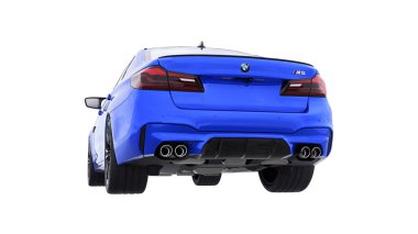 Tula, Rusya. 26 Şubat 2021: BMW M5 mavi lüks spor araba beyaz arka planda izole edildi. 3d oluşturma