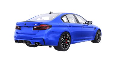 Tula, Rusya. 26 Şubat 2021: BMW M5 mavi lüks spor araba beyaz arka planda izole edildi. 3d oluşturma