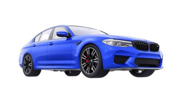 Tula, Rusya. 26 Şubat 2021: BMW M5 mavi lüks spor araba beyaz arka planda izole edildi. 3d oluşturma