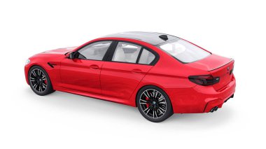 Tula, Rusya. 26 Şubat 2021: BMW M5 kırmızı lüks spor araba beyaz arka planda izole edildi. 3d oluşturma