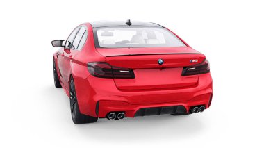 Tula, Rusya. 26 Şubat 2021: BMW M5 kırmızı lüks spor araba beyaz arka planda izole edildi. 3d oluşturma