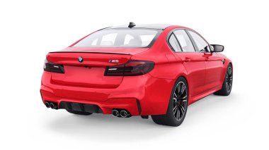 Tula, Rusya. 26 Şubat 2021: BMW M5 kırmızı lüks spor araba beyaz arka planda izole edildi. 3d oluşturma