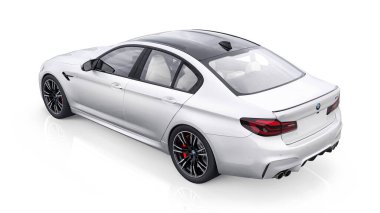 Tula, Rusya. 26 Şubat 2021: BMW M5 beyaz lüks spor araba beyaz arka planda izole edildi. 3d oluşturma