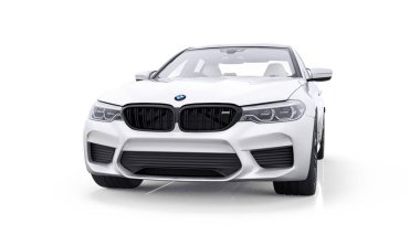 Tula, Rusya. 26 Şubat 2021: BMW M5 beyaz lüks spor araba beyaz arka planda izole edildi. 3d oluşturma