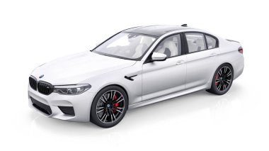 Tula, Rusya. 26 Şubat 2021: BMW M5 beyaz lüks spor araba beyaz arka planda izole edildi. 3d oluşturma