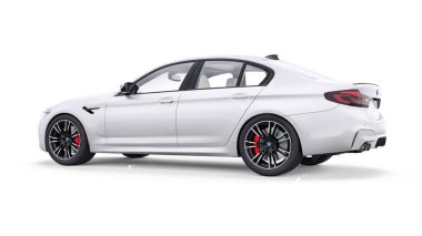 Tula, Rusya. 26 Şubat 2021: BMW M5 beyaz lüks spor araba beyaz arka planda izole edildi. 3d oluşturma
