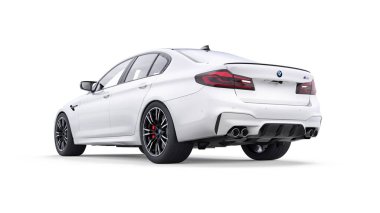 Tula, Rusya. 26 Şubat 2021: BMW M5 beyaz lüks spor araba beyaz arka planda izole edildi. 3d oluşturma