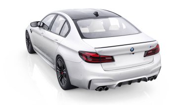 Tula, Rusya. 26 Şubat 2021: BMW M5 beyaz lüks spor araba beyaz arka planda izole edildi. 3d oluşturma