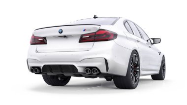Tula, Rusya. 26 Şubat 2021: BMW M5 beyaz lüks spor araba beyaz arka planda izole edildi. 3d oluşturma