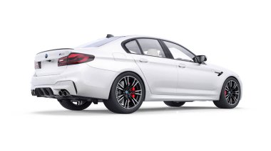 Tula, Rusya. 26 Şubat 2021: BMW M5 beyaz lüks spor araba beyaz arka planda izole edildi. 3d oluşturma