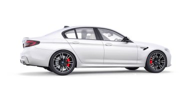 Tula, Rusya. 26 Şubat 2021: BMW M5 beyaz lüks spor araba beyaz arka planda izole edildi. 3d oluşturma