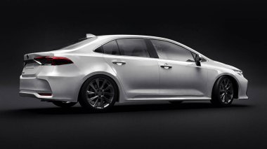 Tula, Rusya. 28 Şubat 2021: Toyota Corolla Sedan 2020 kompakt beyaz araba siyah arka planda izole edildi. 3d oluşturma