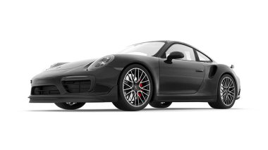 Tula, Rusya. 15 Mart 2021: Porsche 911 Turbo S 2016 siyah spor araba coupe beyaz arka planda izole edildi. 3d oluşturma