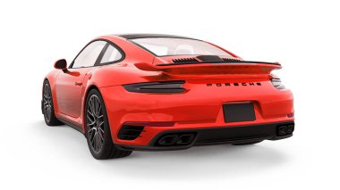 Tula, Rusya. 16 Mart 2021: Porsche 911 Turbo S 2016 kırmızı spor araba coupe beyaz arka planda izole edildi. 3d oluşturma