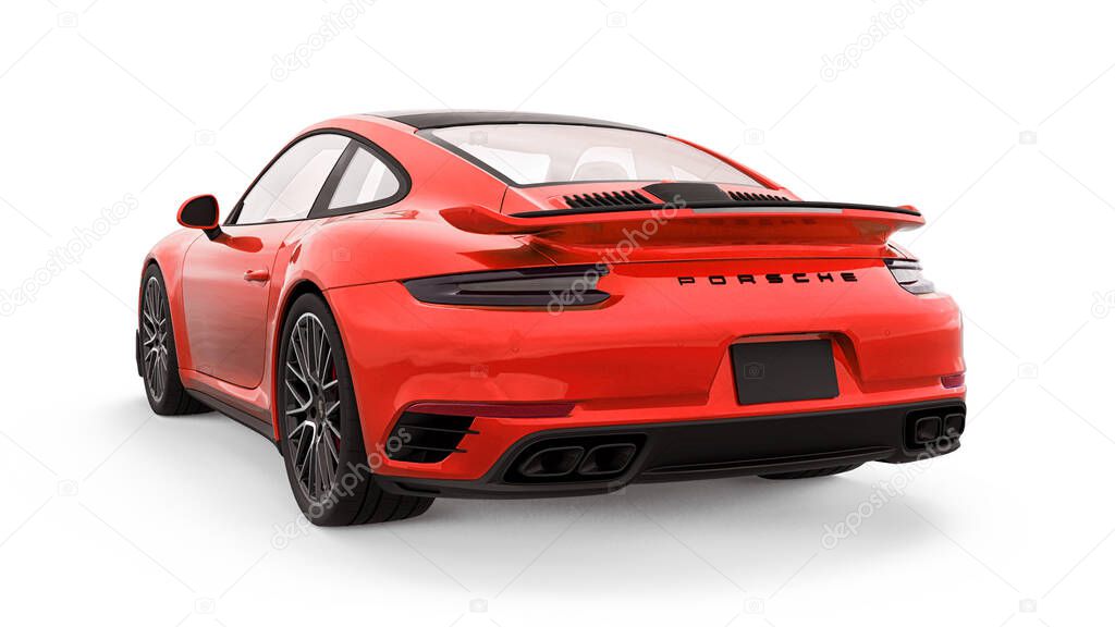 Tula, Russia. March 16, 2021: Porsche 911 Turbo S 2016 red sports car coupe isolated on white background. 3d rendering