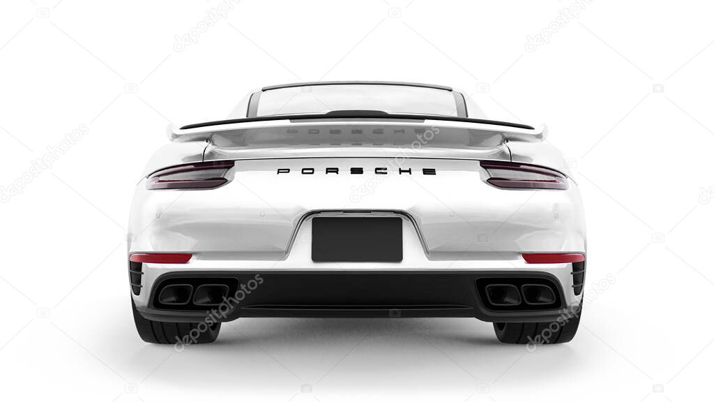 Tula, Russia. March 16, 2021: Porsche 911 Turbo S 2016 white sports car coupe isolated on white background. 3d rendering