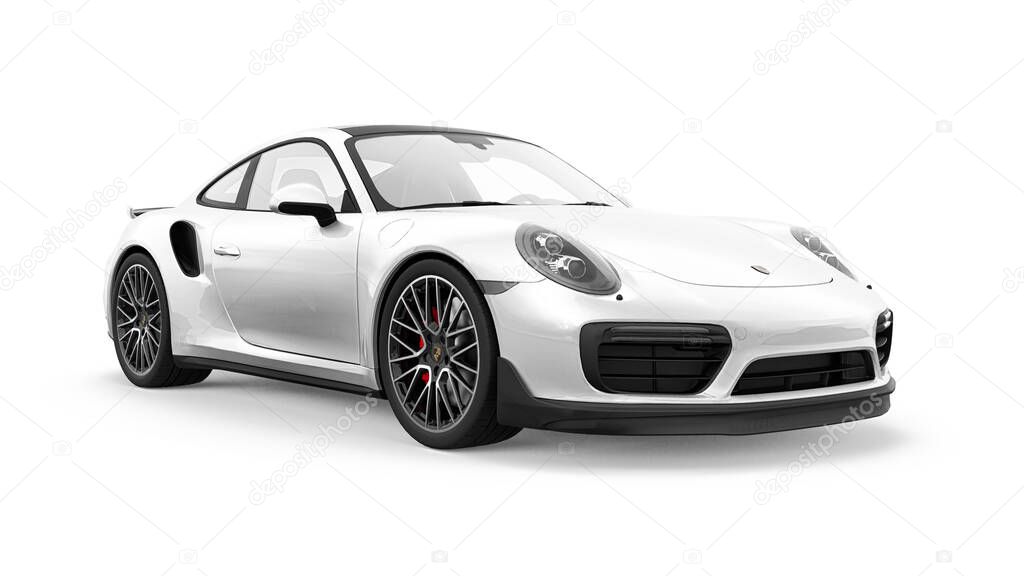 Tula, Russia. March 16, 2021: Porsche 911 Turbo S 2016 white sports car coupe isolated on white background. 3d rendering