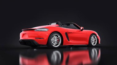 Tula, Rusya. 26 Mart 2021: Porsche 718 Spider 2017 siyah arka planda kırmızı spor araba Cabrio. 3d görüntüleme, 3d illüstrasyon