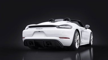 Tula, Russia. March 26, 2021: Porsche 718 Spider 2017 white sports car cabrio on black background. 3d rendering, 3d illustration