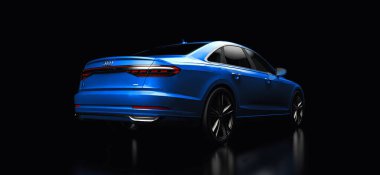 Tula, Rusya. 25 Şubat 2021: Audi A8 Quattro 2020 lüks araba siyah arka planda izole edildi. 3d oluşturma